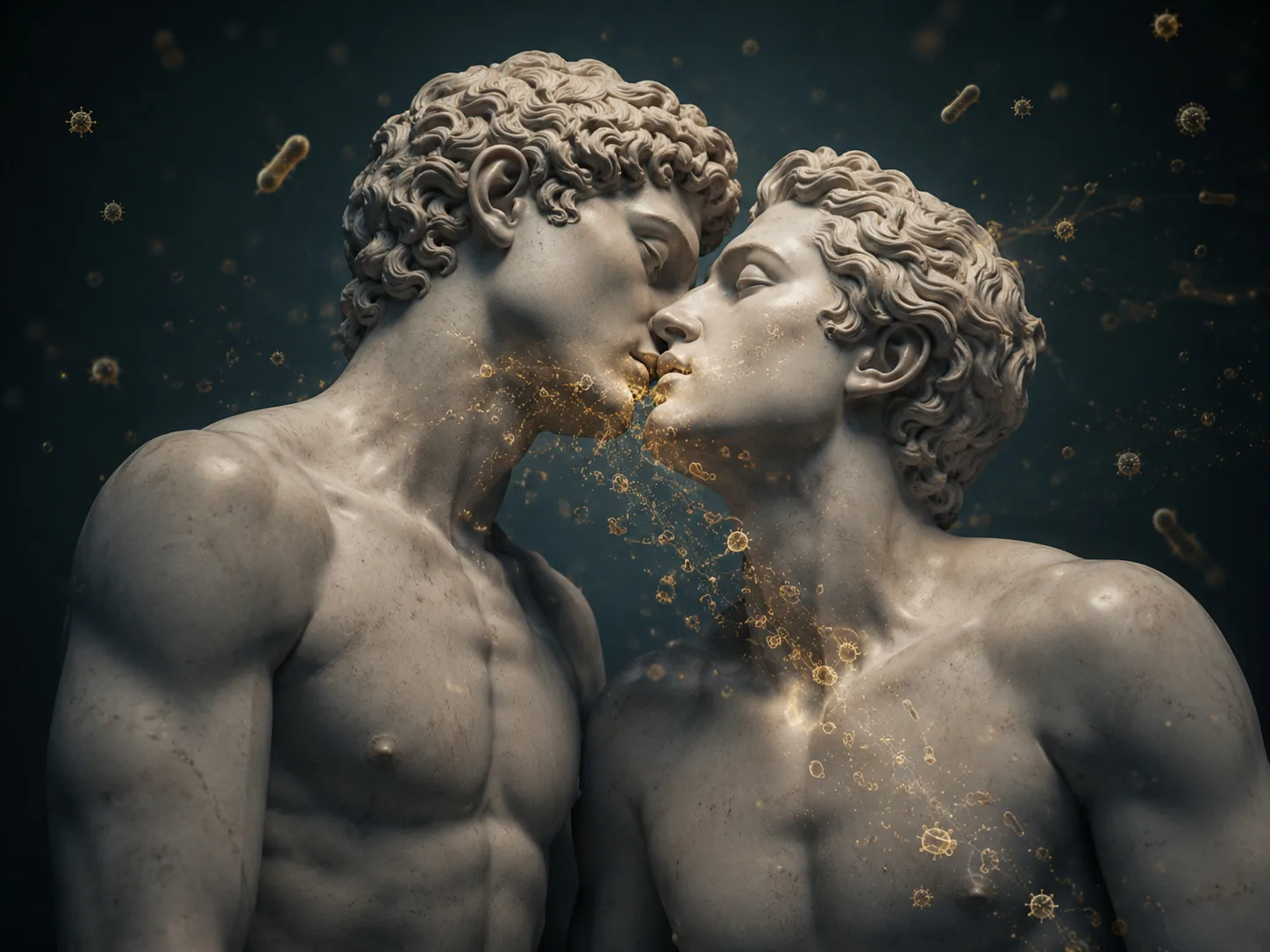 Two classical marble statues sharing a kiss with golden microbiome particles passing between them